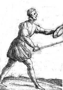 Man fighting with a sword and buckler.
